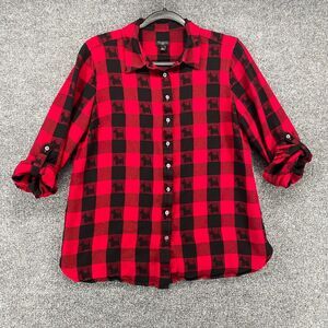 Talbots Shirt Womens PL Petite Black Red Check Yorkie Dog Button Up Comfy Casual